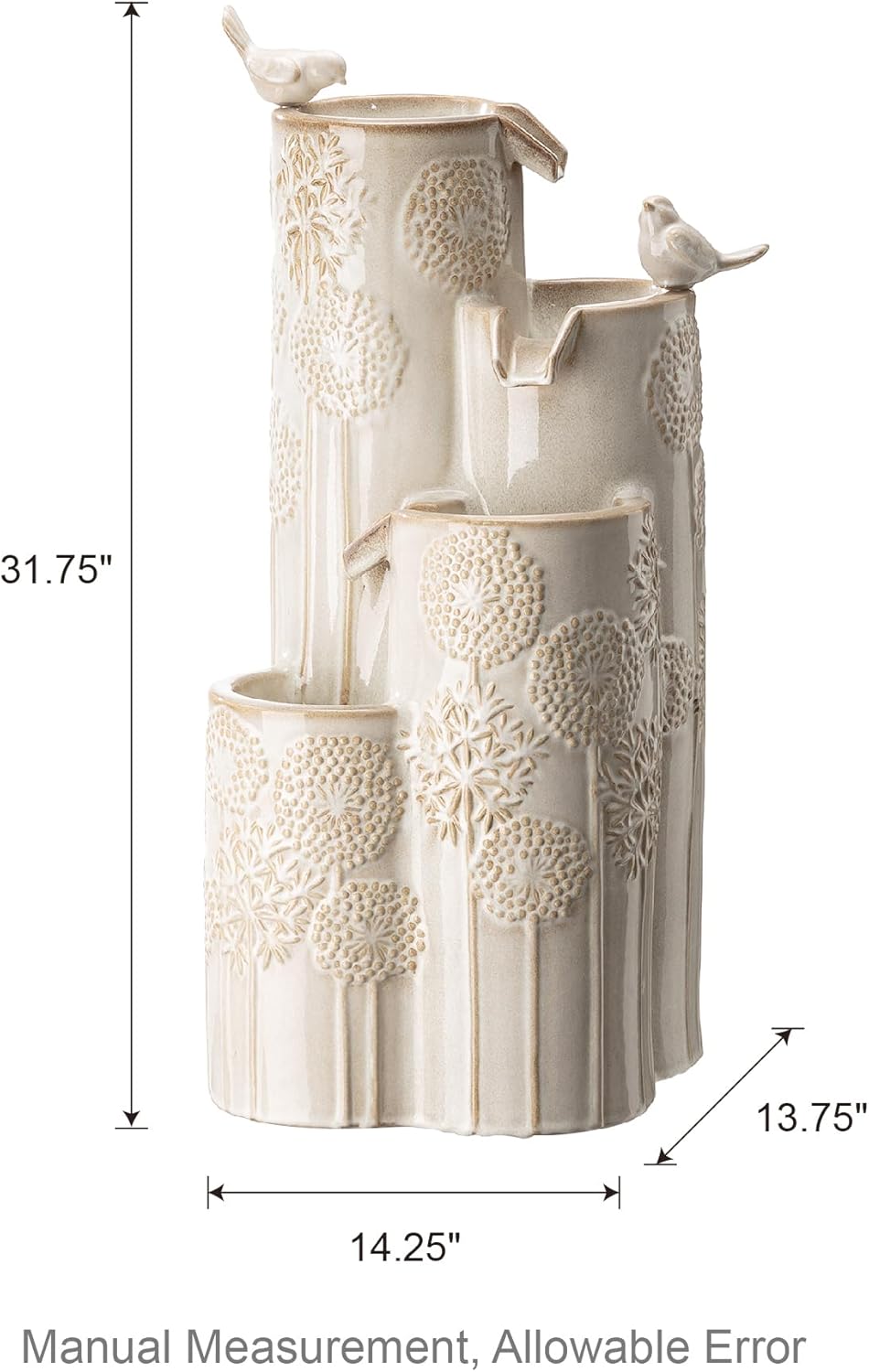 Outdoor Water Fountain with LED Lights and Pump, 4 Tier Dandelion Texture Vase Shaped Ceramic Floor Standing Fountain with Birds for Porch Deck Garden Patio Backyard, Turquoise