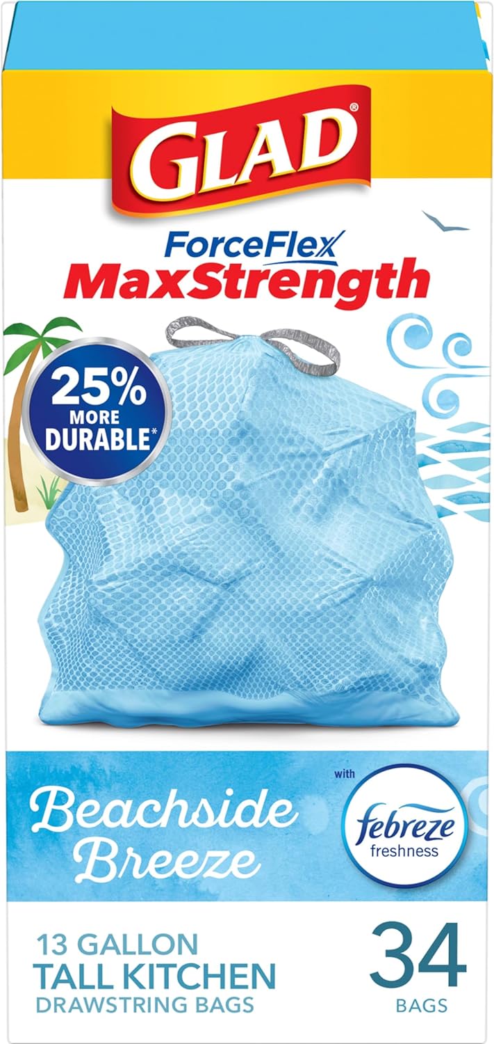 Glad ForceFlex MaxStrength with Clorox Trash Bags, 13 Gal, Lemon Fresh Bleach, 90 Ct, Pack May Vary