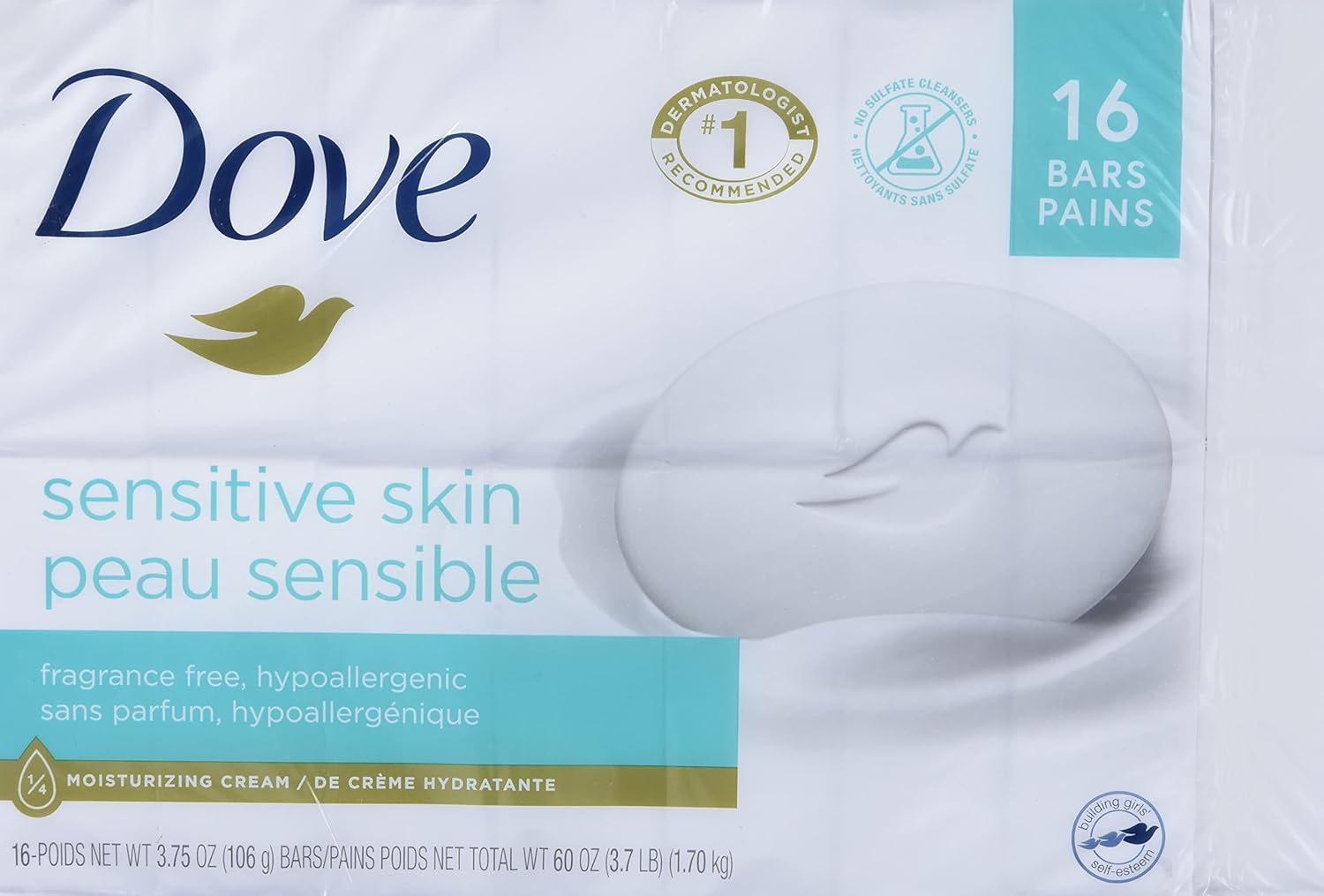 Dove Beauty Bar Soap Sensitive, 8 Bars for Sensitive Skin, Fragrance Free and Hypoallergenic 3.75 oz