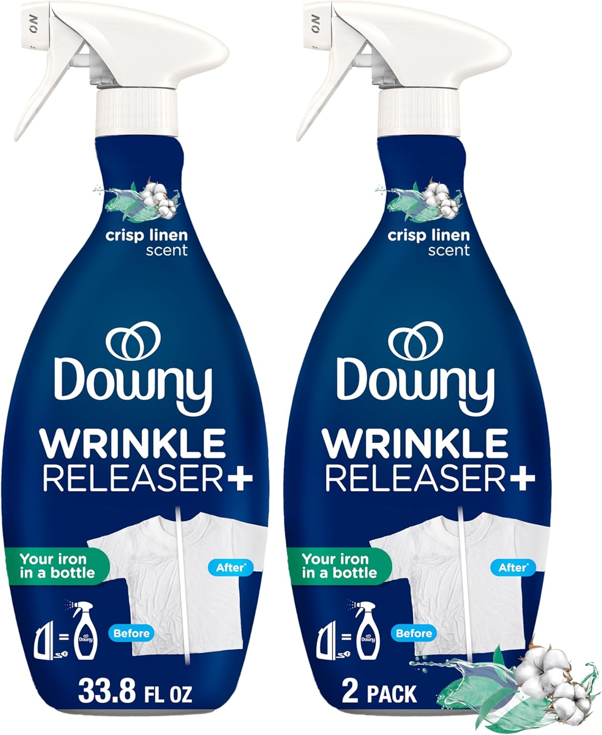 Downy Wrinkle Releaser Spray | All In One Wrinkle Release Spray, Odor Eliminator, Static Remover | Fabric Refresher & Ironing Aid for Clothes | 16.9 Fl Oz (Pack of 2) & 3 FL Oz, Crisp Linen Scent