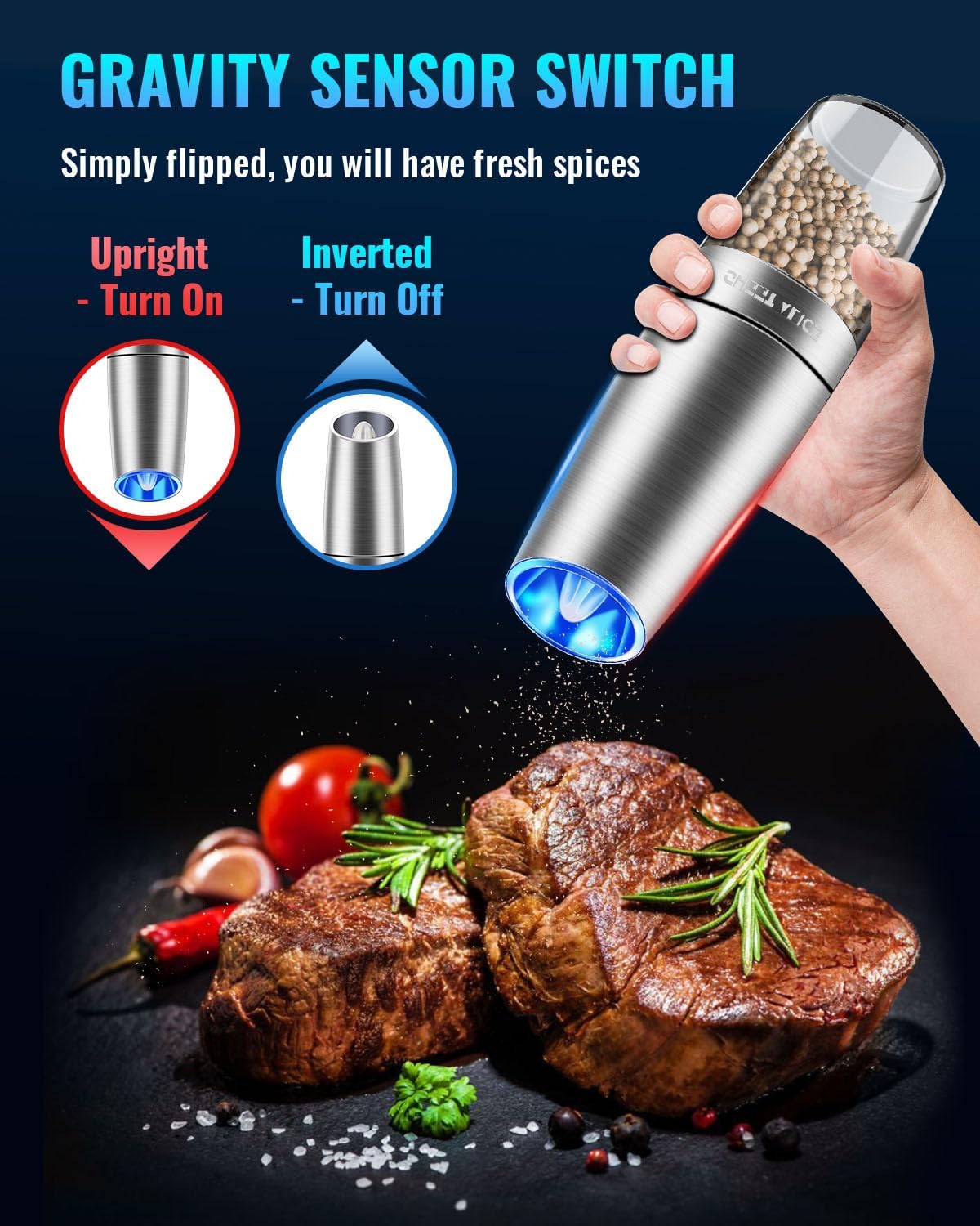 Sweet Alice Gravity Electric Pepper and Salt Grinder Set, Adjustable Coarseness, Battery Powered with LED Light, One Hand Automatic Operation, Stainless Steel Black, 2 Pack