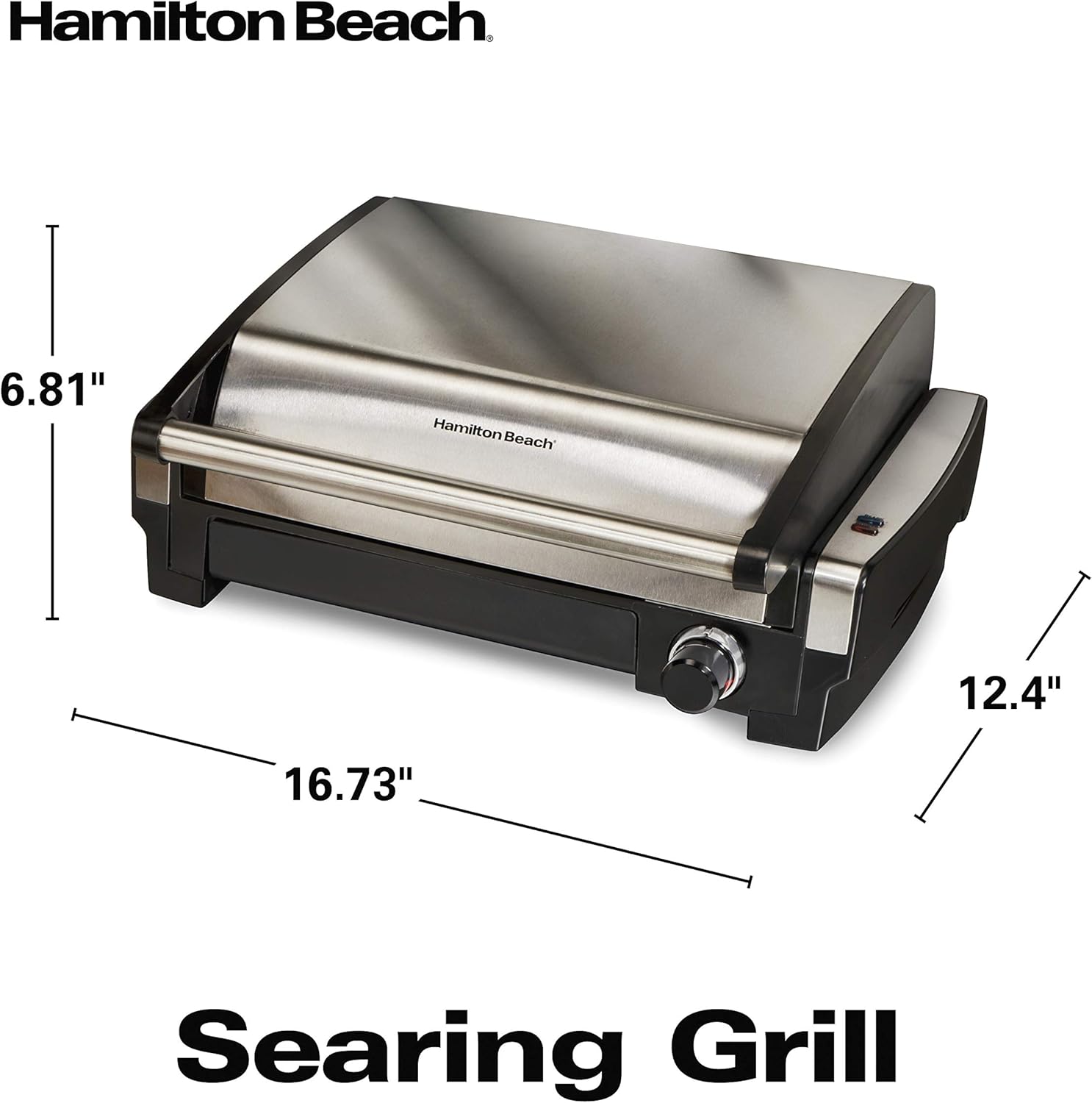 Hamilton Beach Electric Indoor Searing Grill with Viewing Window & Adjustable Temperature Control to 450F, 118 sq. in. Surface Serves 6, Removable Nonstick Grate, Stainless Steel