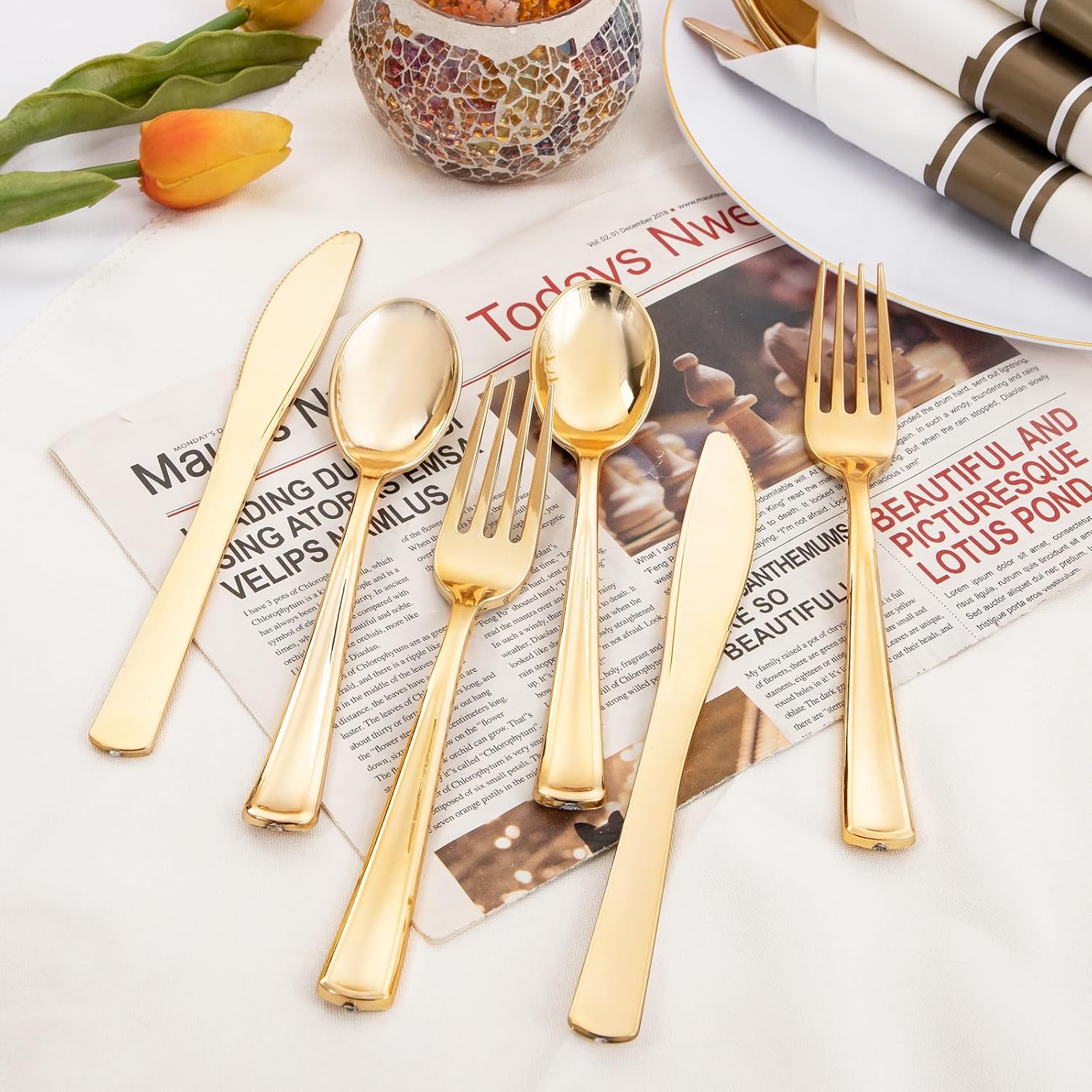 Supernal 60 Pack Pre Rolled Napkins with Gold Plastic Silverware, Premium Disposable Gold Wrapped Cutlery Set Includes: 60 Forks 60 Knives 60 Spoons 60 Napkin for Party