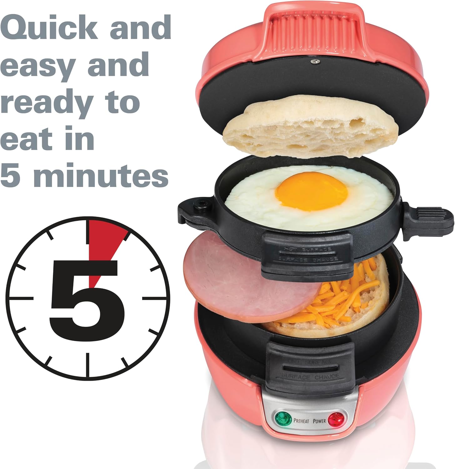 Hamilton Beach Breakfast Sandwich Maker with Egg Cooker Ring, Customize Ingredients, English Muffins, Croissants, Mini Waffles, Perfect White Elephant Gifts, Single, Black