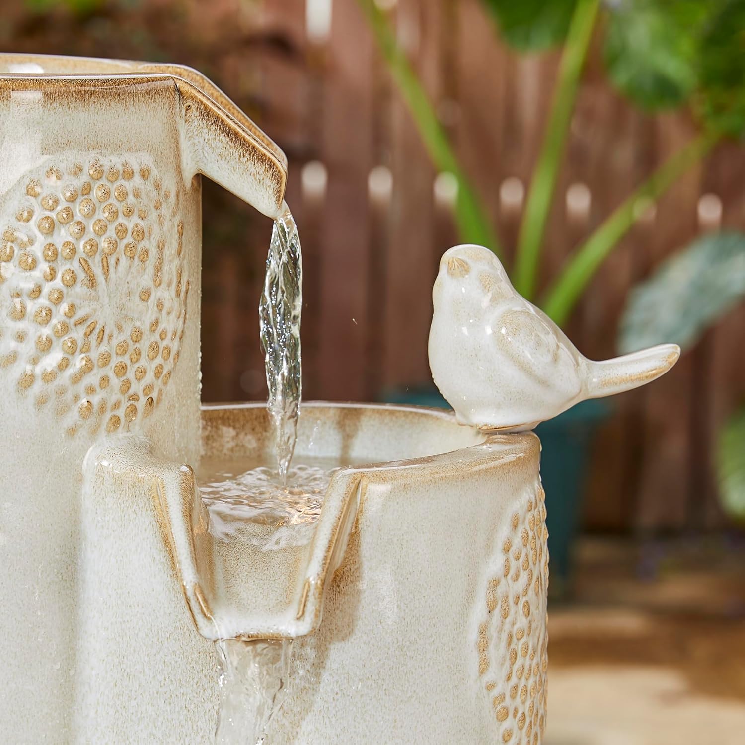 Outdoor Water Fountain with LED Lights and Pump, 4 Tier Dandelion Texture Vase Shaped Ceramic Floor Standing Fountain with Birds for Porch Deck Garden Patio Backyard, Turquoise