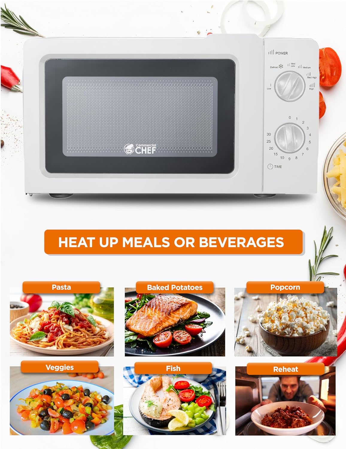 COMMERCIAL CHEF 0.6 Cubic Foot Microwave with 6 Power Levels, Small Microwave with Grip Handle, 700W Countertop Microwave with 30 Minute Timer and Mechanical Dial Controls, White