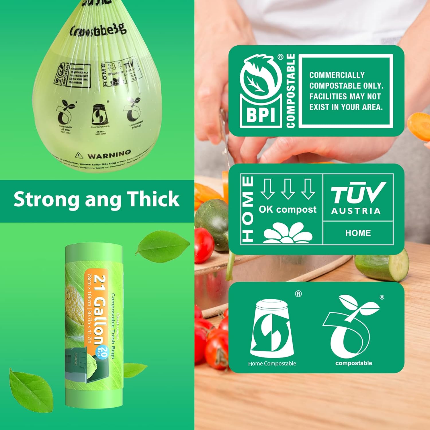 Compostable Bags for Kitchen Compost Bin, 1.2 Gallon, 125 Count, Certified by BPI and ASTM, Leakproof and Odor Control