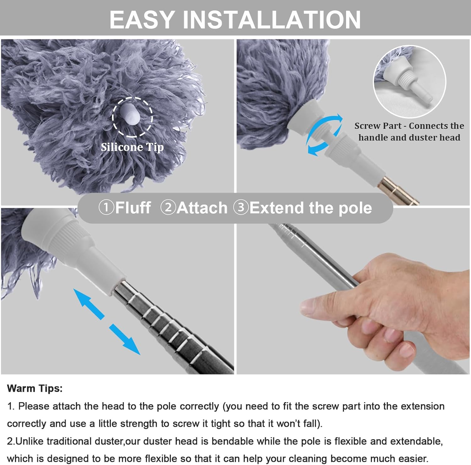 DELUX Microfiber Feather Duster Extendable Duster with 100 inches Extra Long Pole, Bendable Head & Long Handle Dusters for Cleaning Ceiling Fan, High Ceiling, Blinds, Furniture & Cars Gray