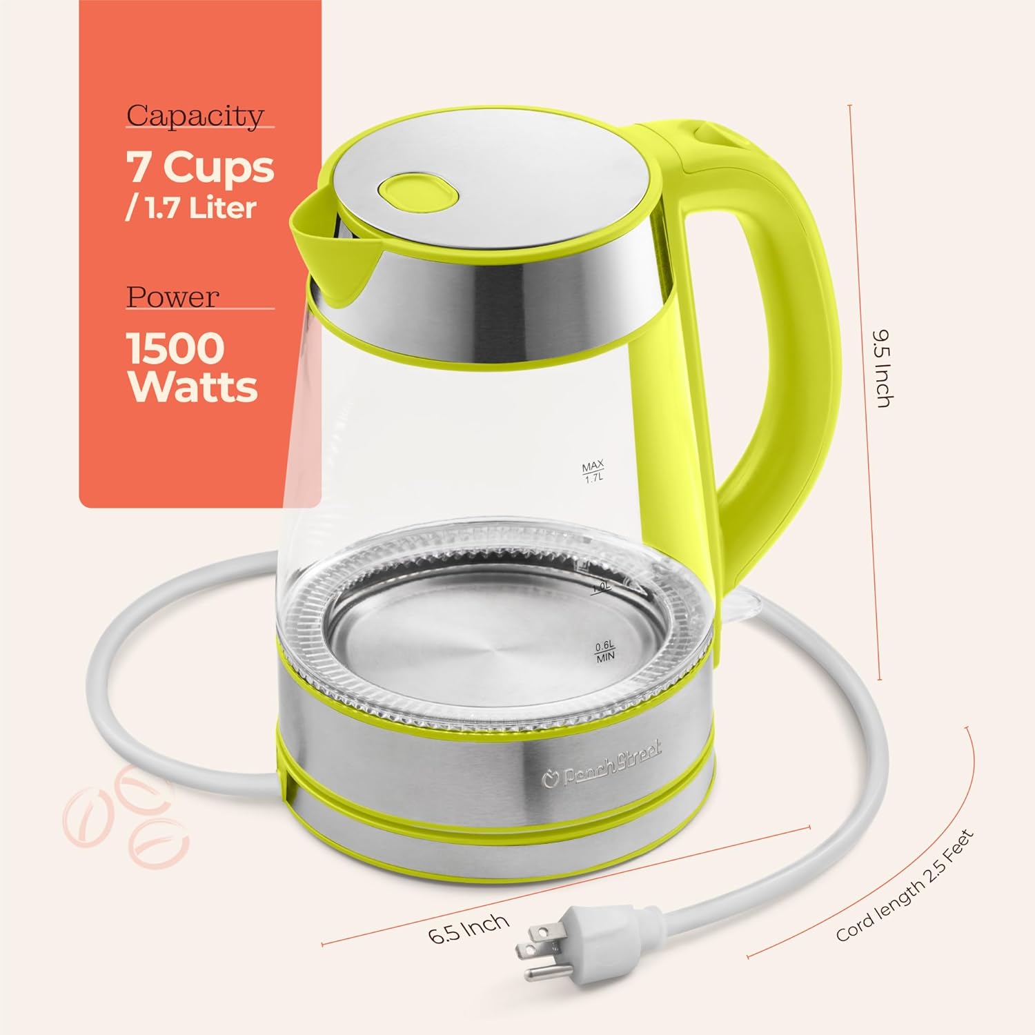 Speed-Boil Electric Kettle For Coffee & Tea - 1.7L Water Boiler 1500W, Borosilicate Glass, Easy Clean Wide Opening, Auto Shut-Off, Cool Touch Handle, LED Light. 360° Rotation, Boil Dry Protection