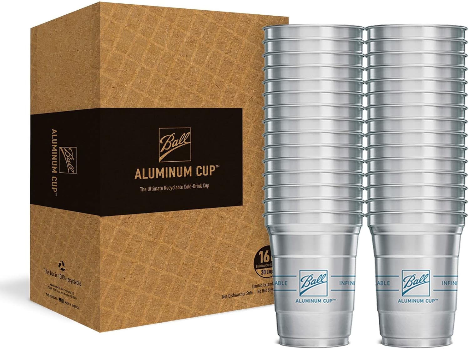 Ball Aluminum Cup Recyclable Party Cups, 20 oz. Cup, 30 Cups Per Pack