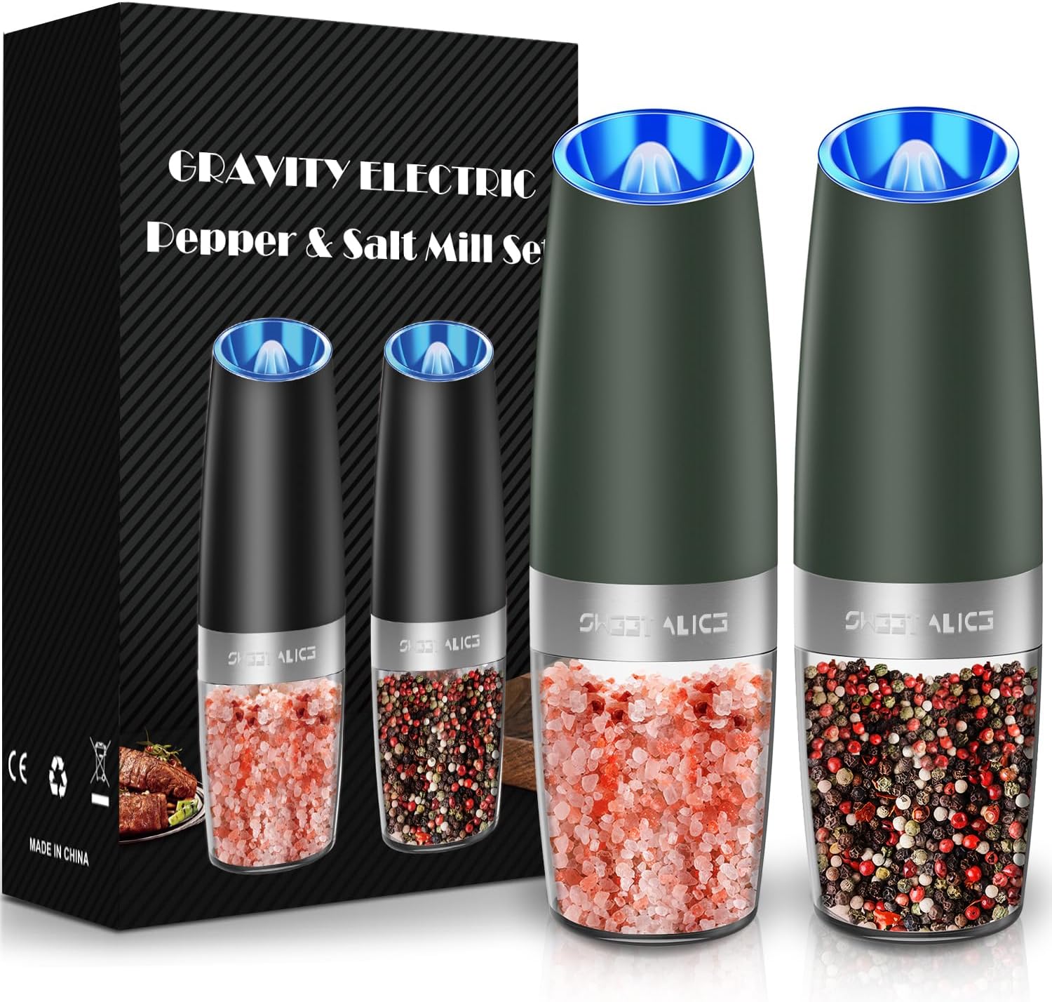 Sweet Alice Gravity Electric Pepper and Salt Grinder Set, Adjustable Coarseness, Battery Powered with LED Light, One Hand Automatic Operation, Stainless Steel Black, 2 Pack