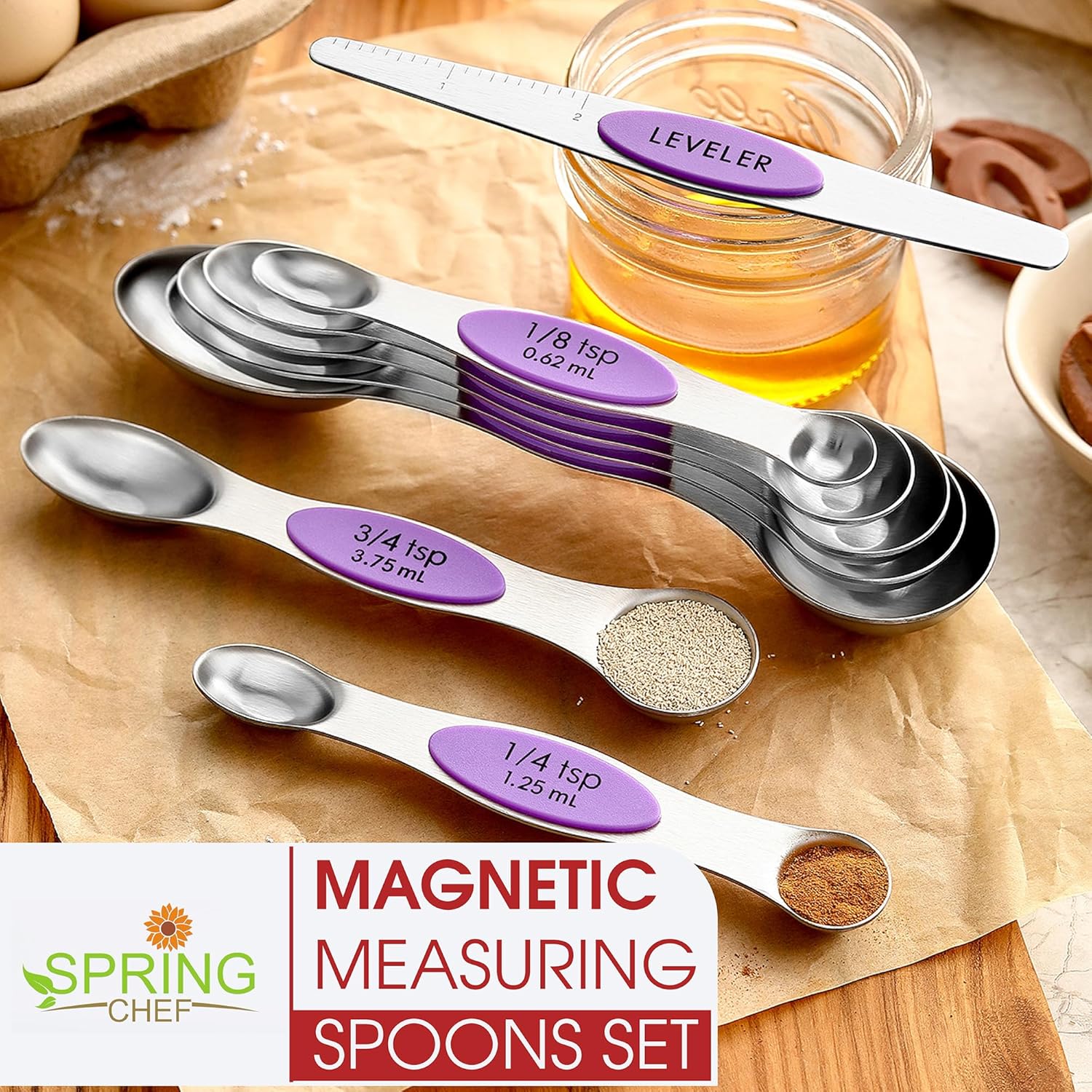 Spring Chef Magnetic Measuring Spoons Set with Strong N45 Magnets, Heavy Duty Stainless Steel Metal, Fits in Most Kitchen Spice Jars for Baking & Cooking, BPA Free, Black, Set of 8 with Leveler