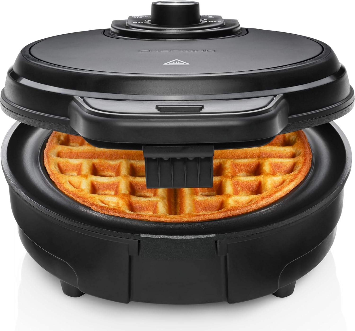 Chefman Anti-Overflow Belgian Waffle Maker w/Shade Selector, Temperature Control, Mess Free Moat, Round Iron w/Nonstick Plates & Cool Touch Handle, Measuring Cup Included, Black
