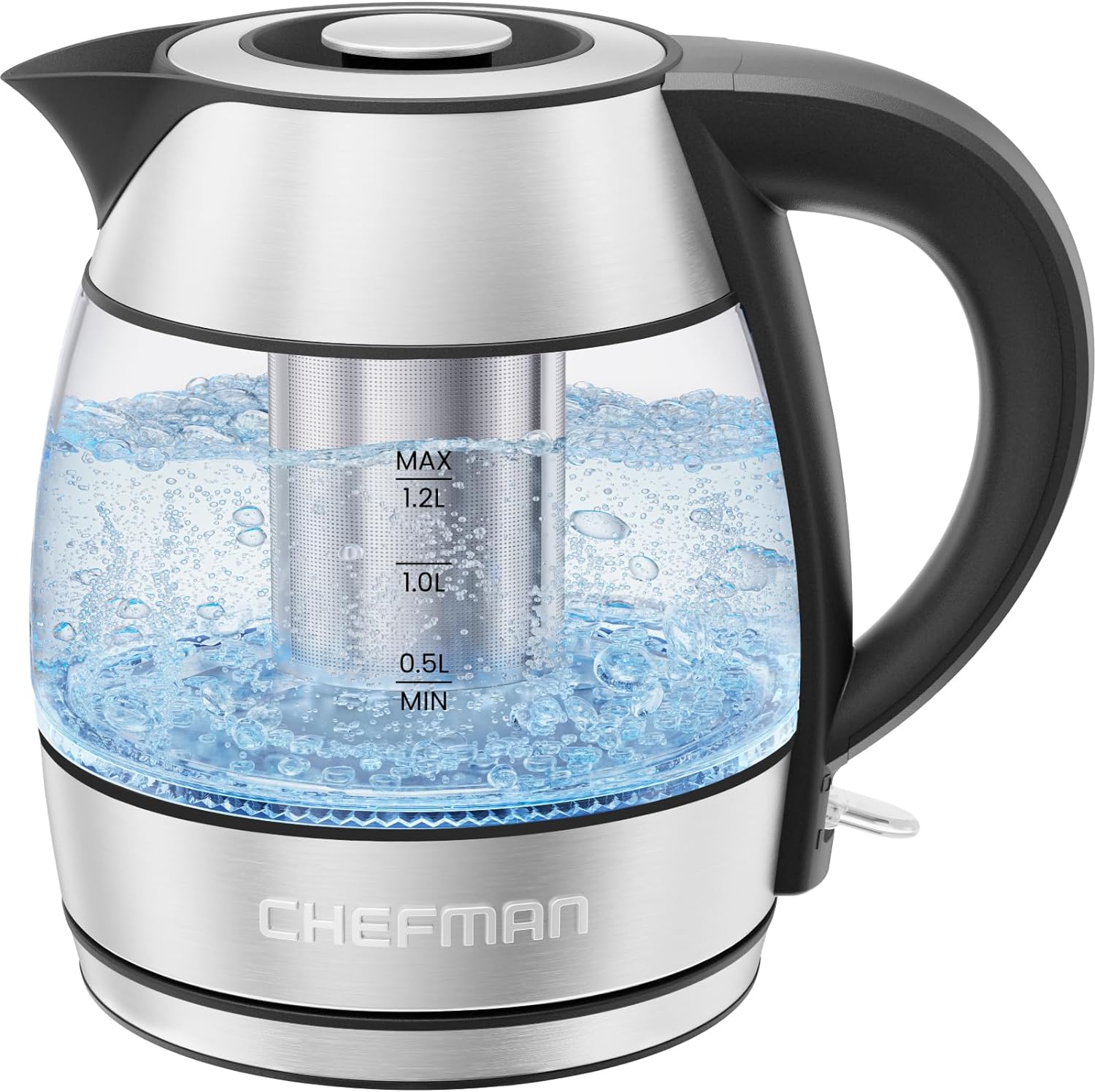 Chefman Electric Kettle with Temperature Control, 5 Presets LED Indicator Lights, Removable Tea Infuser, Glass Tea Kettle & Hot Water Boiler, 360° Swivel Base, BPA Free, Stainless Steel, 1.8 Liters