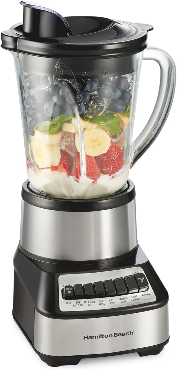Hamilton Beach Wave Crusher Blender For Shakes and Smoothies With 40 Oz Glass Jar and 14 Functions, Ice Sabre Blades & 700 Watts for Consistently Smooth Results, Black + Stainless Steel (54221)