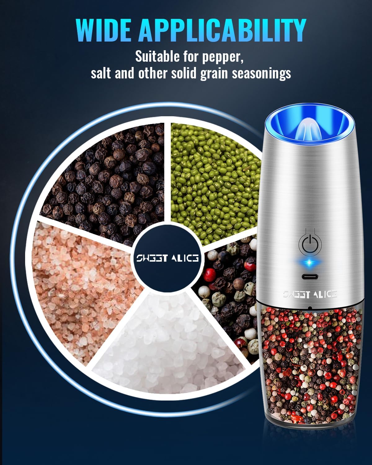Sweet Alice Gravity Electric Pepper and Salt Grinder Set, Adjustable Coarseness, Battery Powered with LED Light, One Hand Automatic Operation, Stainless Steel Black, 2 Pack