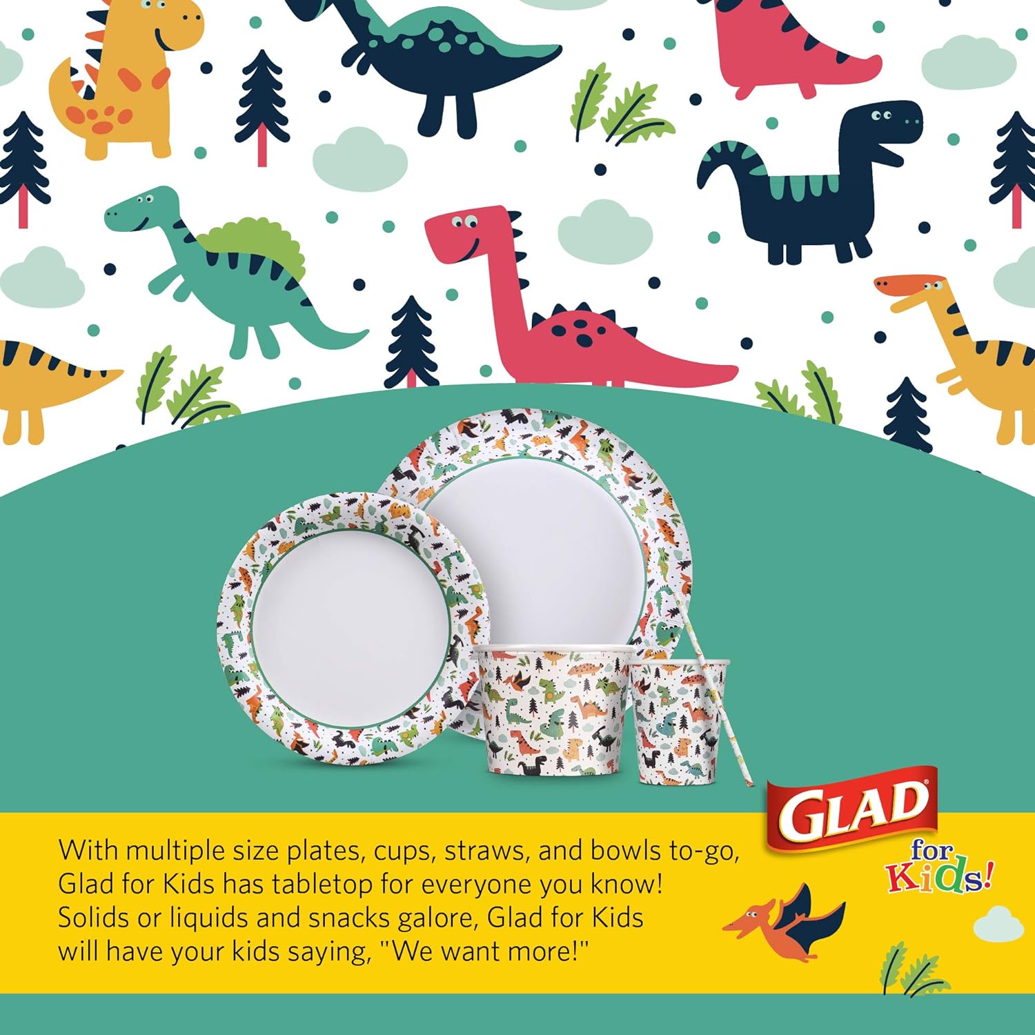 Glad for Kids Dinosaur Design Disposable Paper Plates, 7-Inch, Soak Proof & Microwavable Kid Paper Plates - Perfect for Kids Birthday Parties, Dinosaur Party Supplies - 20 Count Party Plates