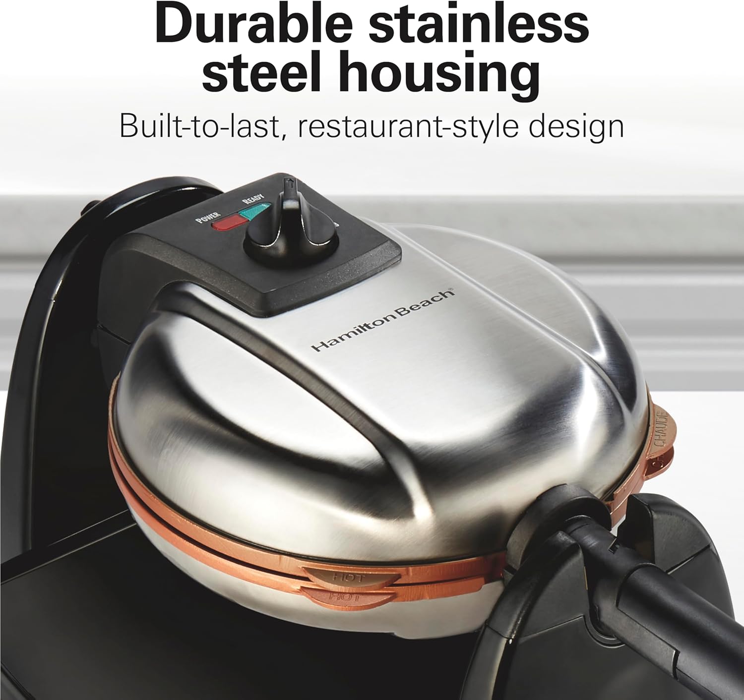 Hamilton Beach Belgian Waffle Maker with Removable PFAS-Free Durathon Nonstick Coated Plates, Easy Flip, Ceramic Grids, Black (26031)