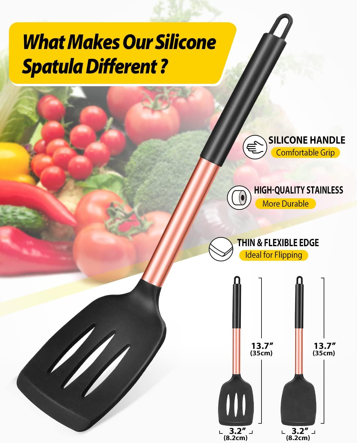 Pack of 2 Silicone Solid Turner,Non Stick Slotted Kitchen Spatulas,High Heat Resistant BPA Free Cooking Utensils,Ideal Cookware for Fish,Eggs,Pancakes (Black)