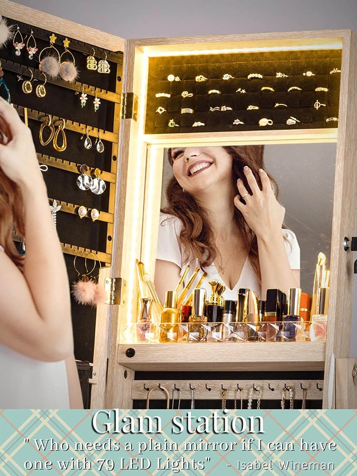 Stella 6 Standing Jewelry Armoire Full Length Mirror With Built-in Lights – Natural