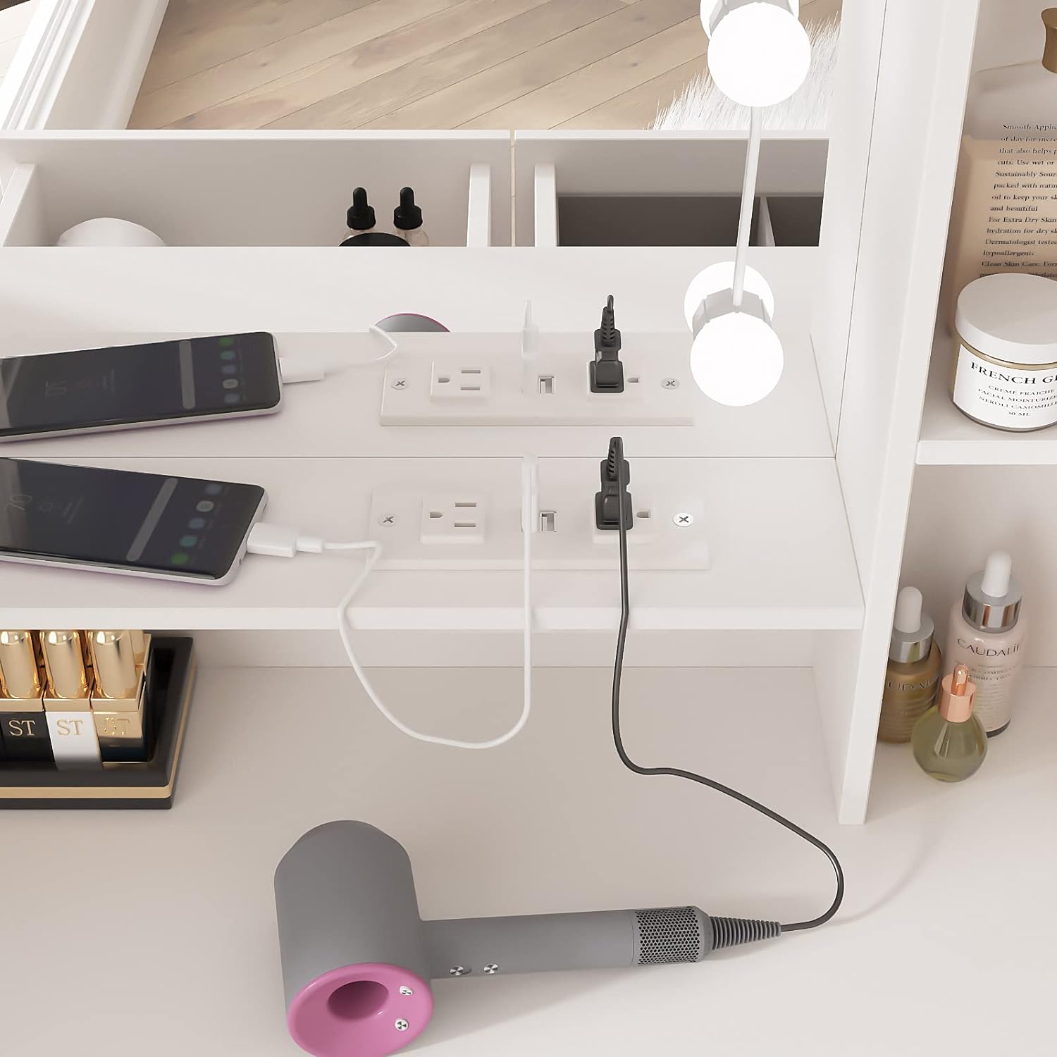 Maupvit Vanity Desk with Mirror and Lights, White Vanity with Bedside Table, 5 Drawers Large Capacity, Metal Silver Handle, Makeup Vanity with 10 Led Lights And Charging Station