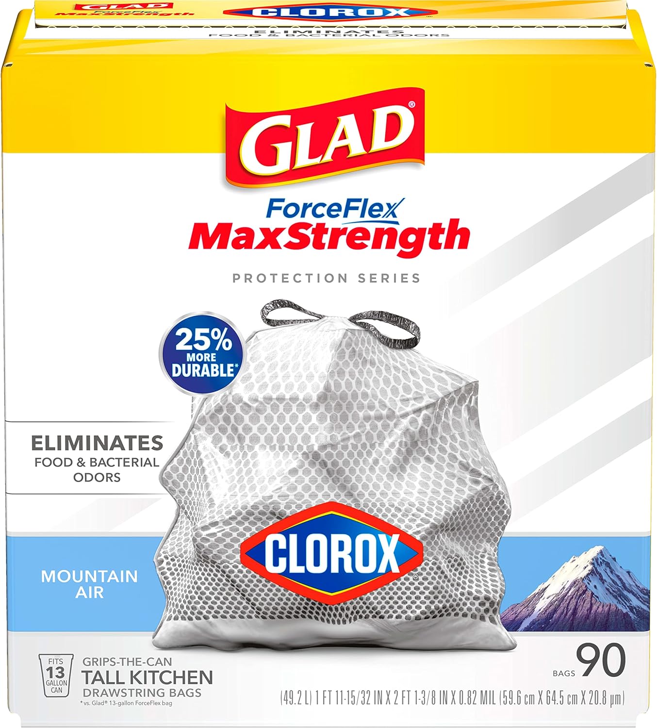 Glad ForceFlex MaxStrength with Clorox Trash Bags, 13 Gal, Lemon Fresh Bleach, 90 Ct, Pack May Vary
