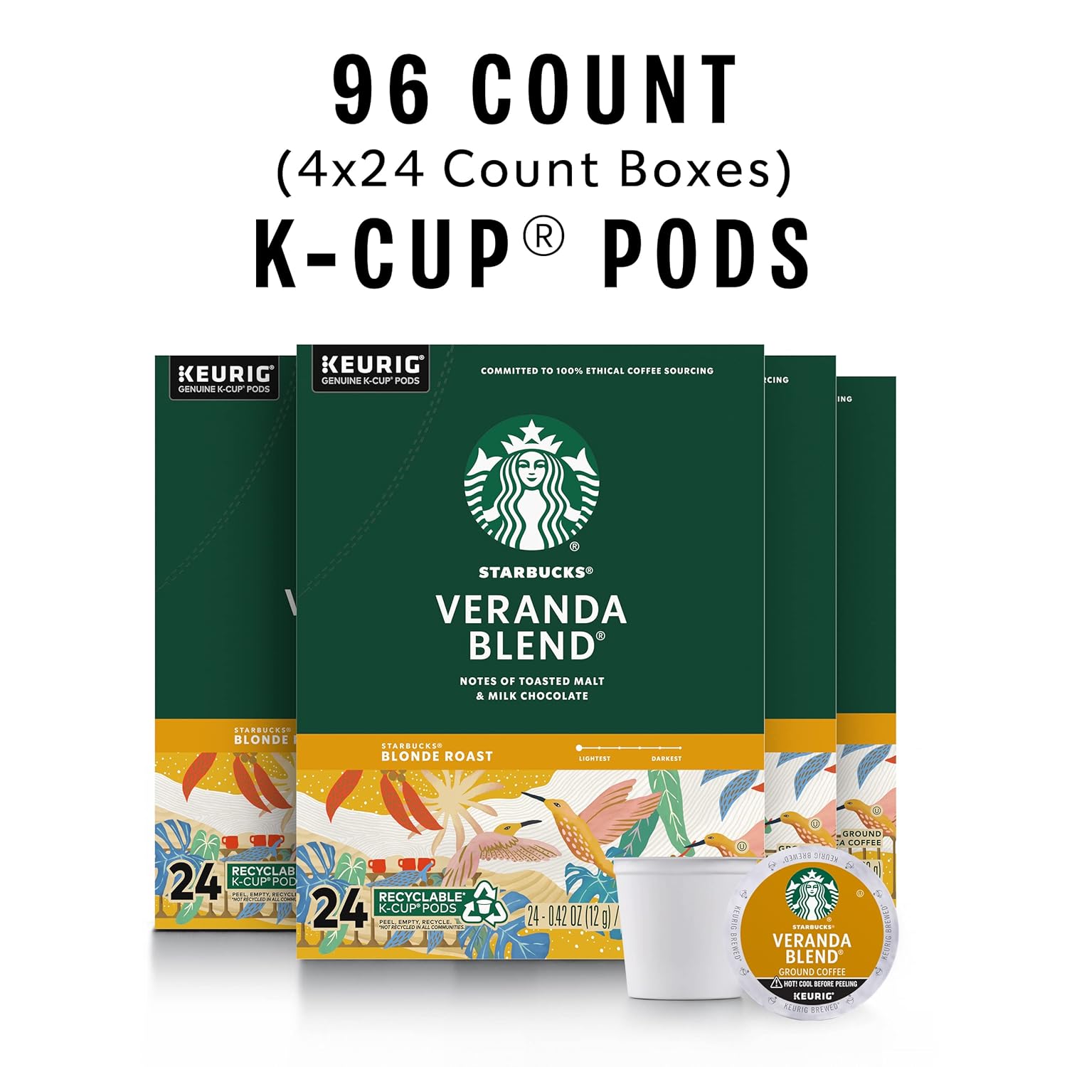 Starbucks K-Cup Coffee Pods, Starbucks Blonde Roast Coffee, Veranda Blend for Keurig Brewers, 100% Arabica, 6 boxes (60 pods total)