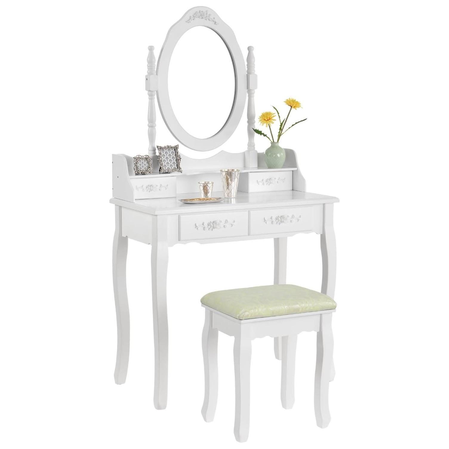ArtLife Mira Dressing Table with Mirror, Stool and 4 Drawers White Country House Style MDF Wood for Girls Children
