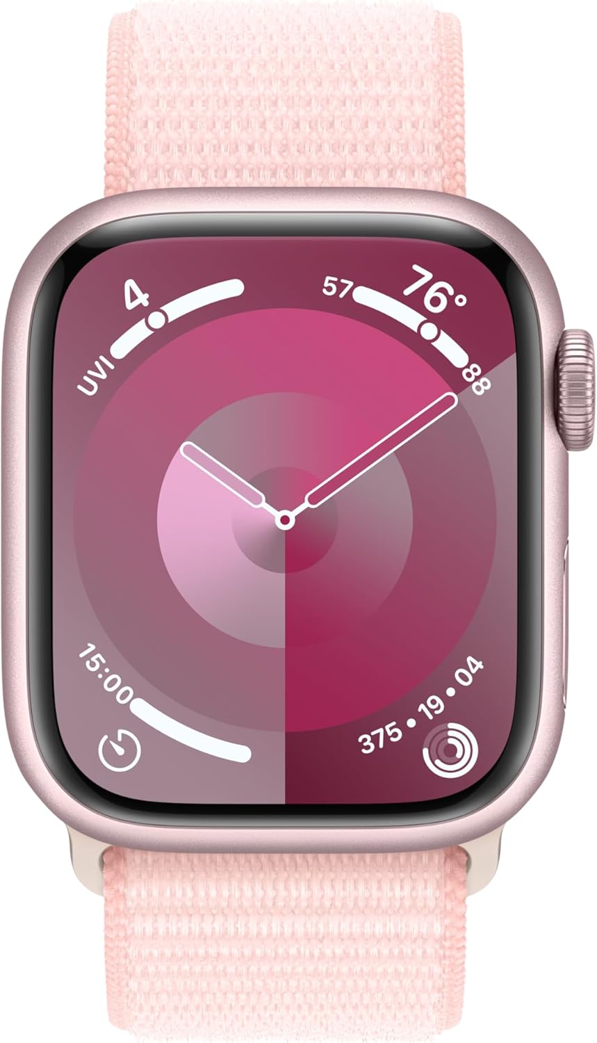 Apple Watch Series 9 [GPS 45mm] Smartwatch with Pink Aluminum Case with Pink Sport Loop. Fitness Tracker, Blood Oxygen & ECG Apps, Always-On Retina Display, Carbon Neutral