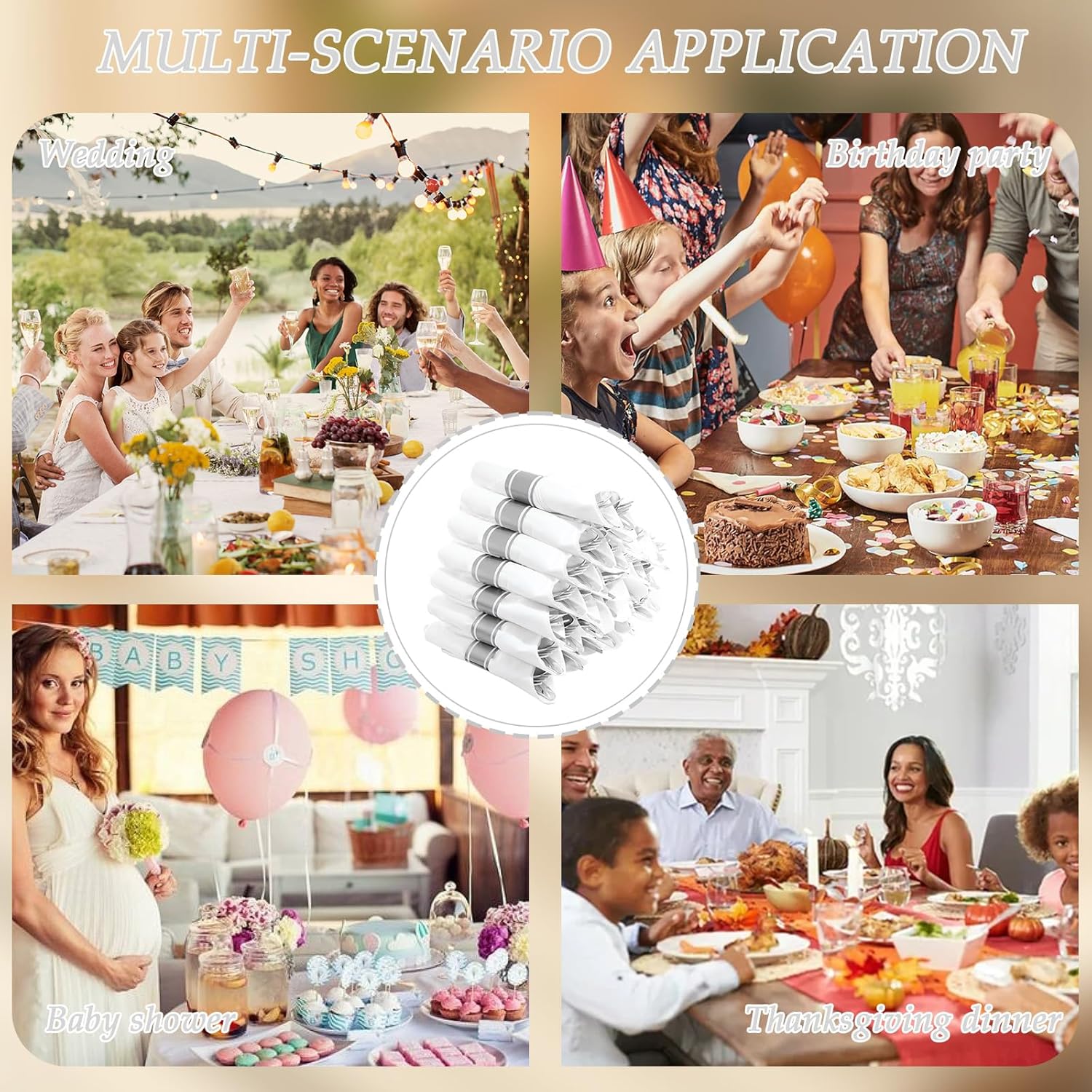 Supernal 60 Pack Pre Rolled Napkins with Gold Plastic Silverware, Premium Disposable Gold Wrapped Cutlery Set Includes: 60 Forks 60 Knives 60 Spoons 60 Napkin for Party