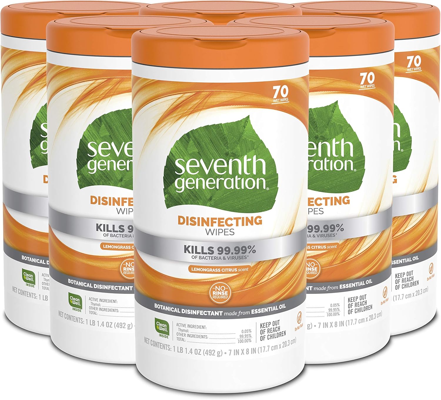 Seventh Generation Disinfecting Multi-Surface Wipes, Pack of 3, Lemongrass Citrus, 70 Count