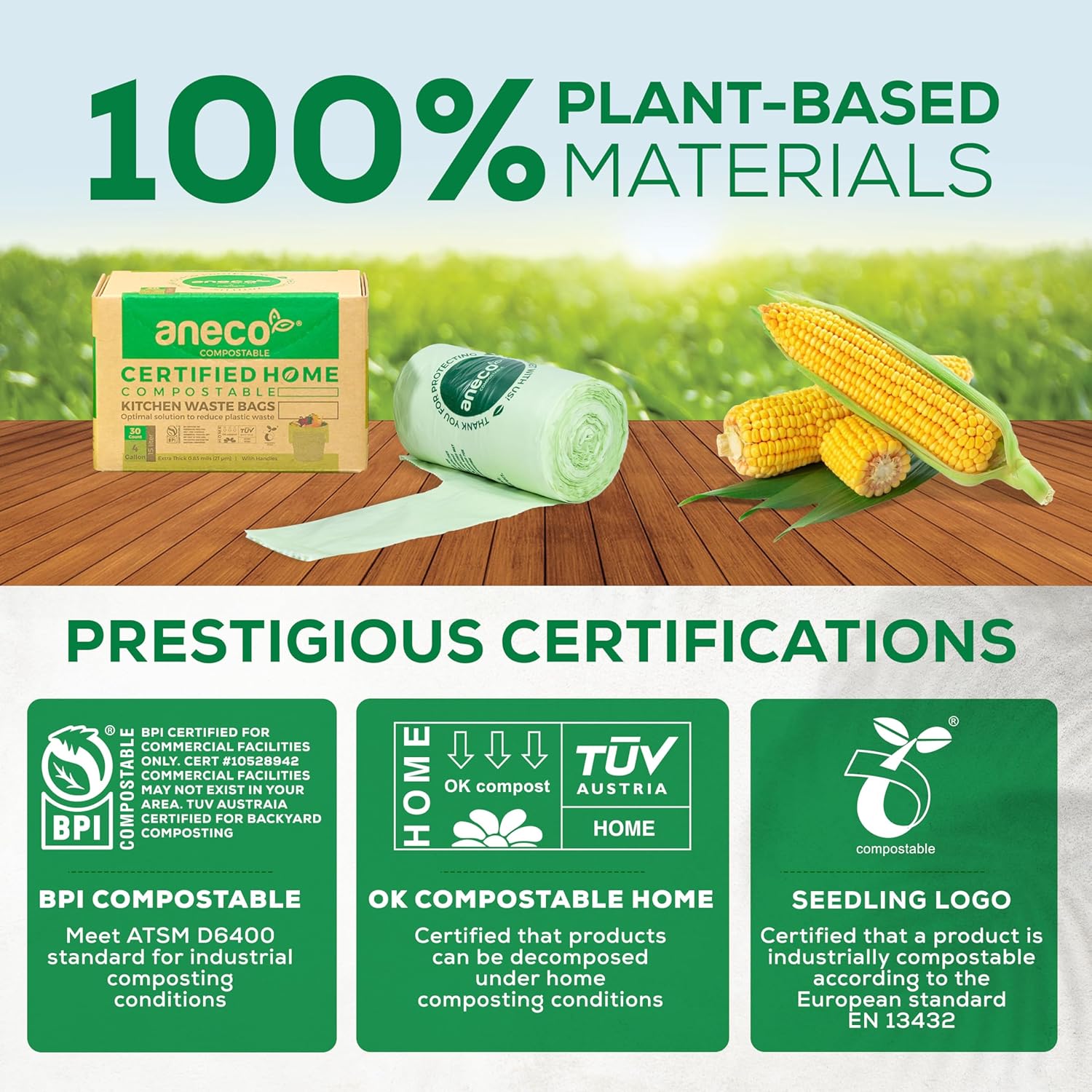 ANECO 100% Compostable Waste Bags 2.6 Gallon, Extra Thick Kitchen Small Compost Bags for Countertop Bin (100 Count)