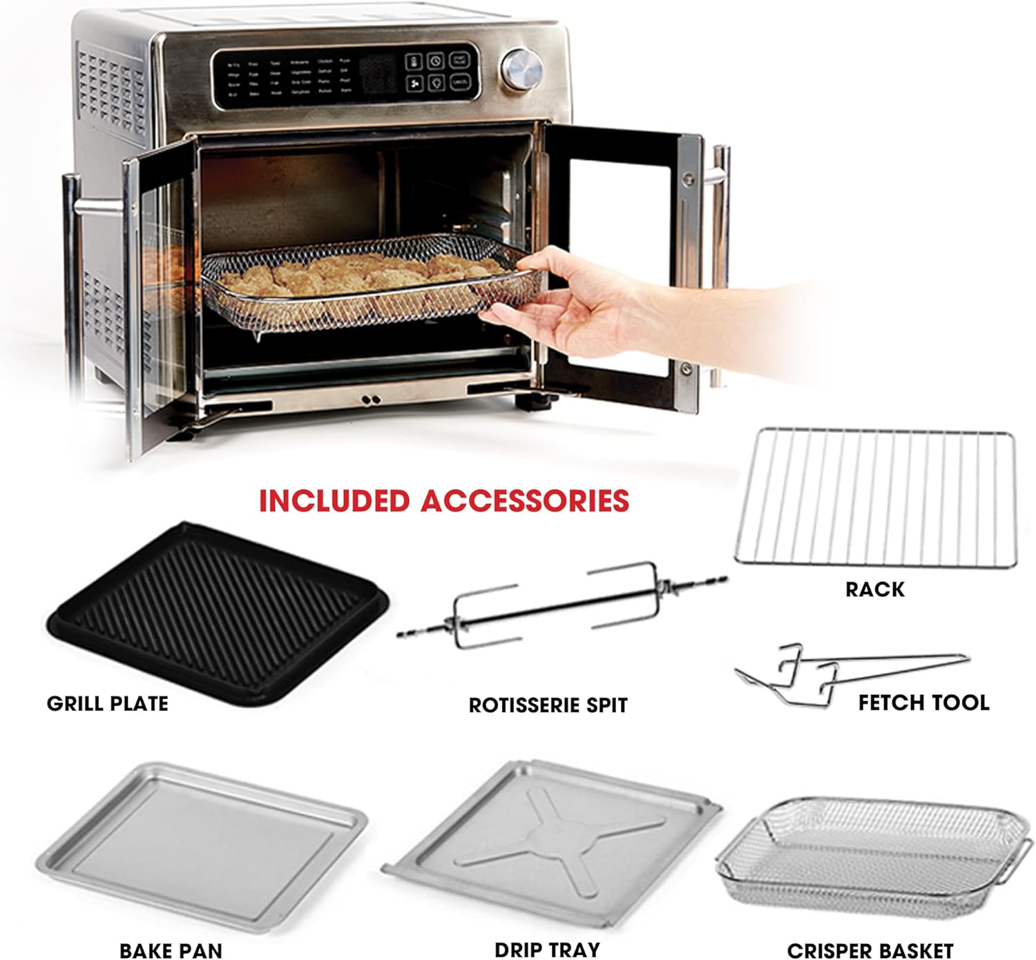 Emeril Lagasse Extra Large French Door Air Fryer Toaster Oven Combo, 25 Cooking Functions and Digital Controls, 7 Accessories Included, Stainless Steel Finish, 26QT Capacity