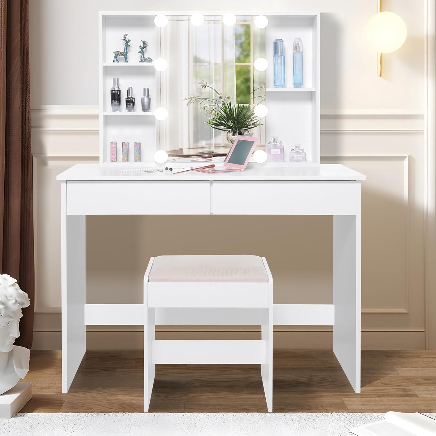 Makeup Vanity Desk with Sliding Lighted Mirror, Makeup Table Vanity Desk with 2 Large Drawers, 3 Color Lighting Modes, Brightness Adjustable, Vanity Table for Women Girls, White