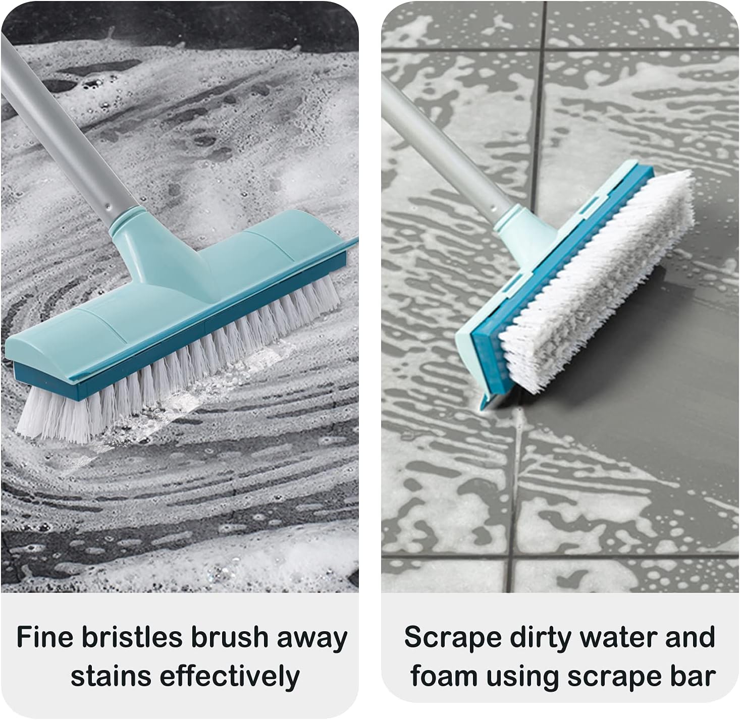 BOOMJOY Floor Scrub Brush with Long Handle, 2 in 1 Scrape and Brush, Stiff Bristles Floor Scrubber, Deck Brush for Cleaning Bathroom, Patio, Garage, Kitchen, Bath, Tile