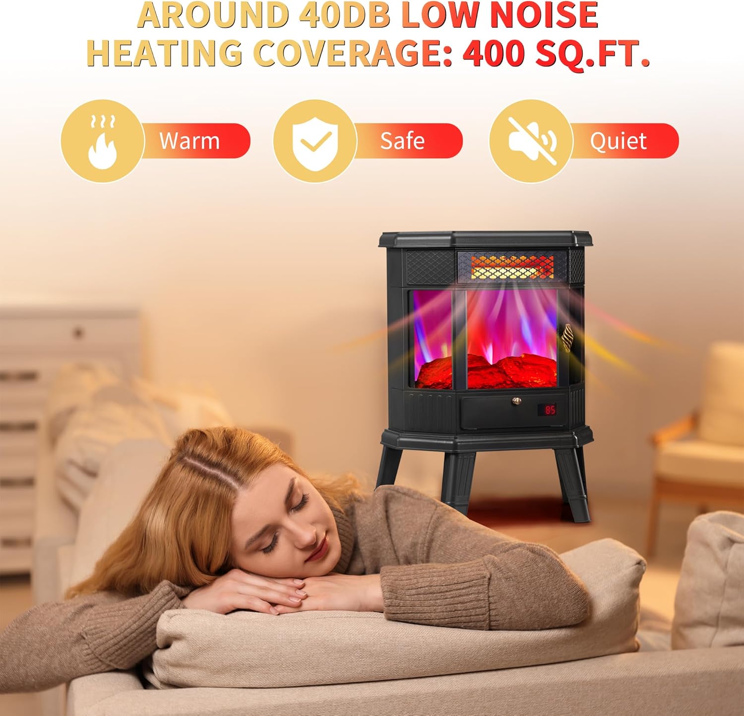 RealSmart Electric Fireplace Heater 22 in Freestanding Fireplace Stove Infrared Fireplace with 3D Flame Effect Remoted Control, Timer, Overheating Protection (Gray)