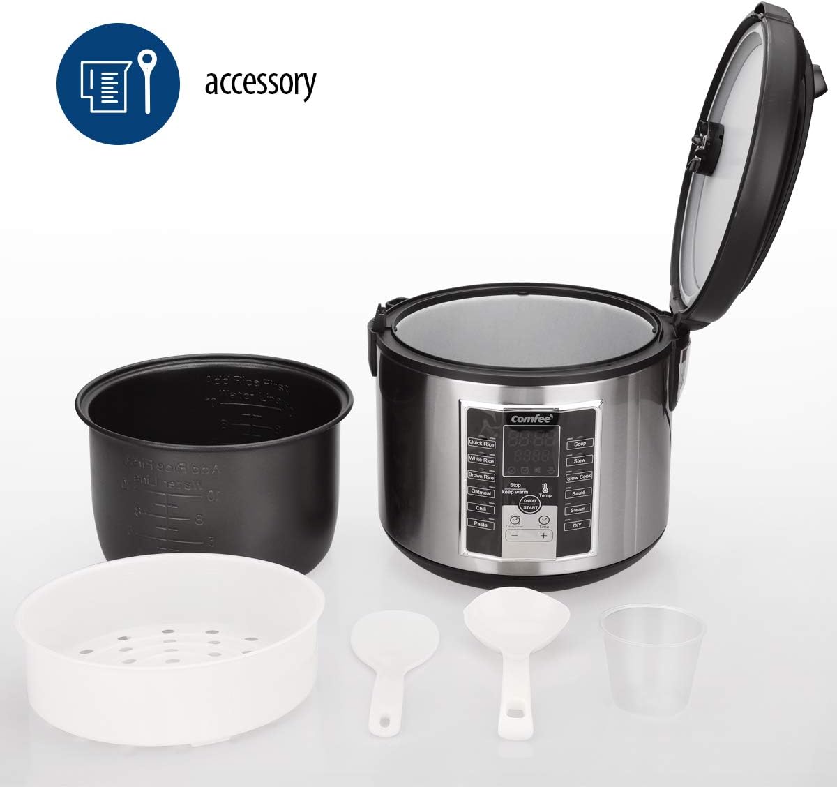 COMFEE' Compact Rice Cooker, 6-in-1 Stainless Steel Multi Cooker, Slow Cooker, Steamer, Saute, and Warmer, 2 QT, 8 Cups Cooked(4 Cups Uncooked), Brown Rice, Quinoa and Oatmeal, 6 One-Touch Programs