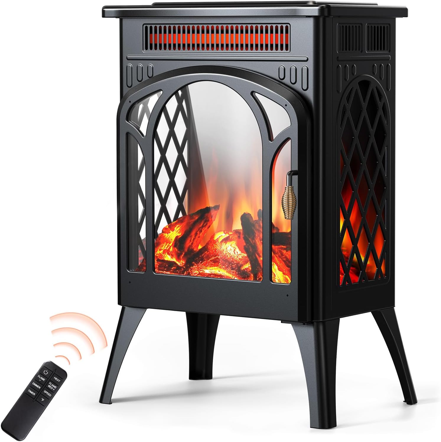 Rintuf Electric Fireplace Heater, 1500W Infrared Fireplace Stove w/ 3D Realistic Flame, 5100BTU Freestanding Electric Stove Heater with Remote Control, 8H Timing, Ideal for Indoor Home Use