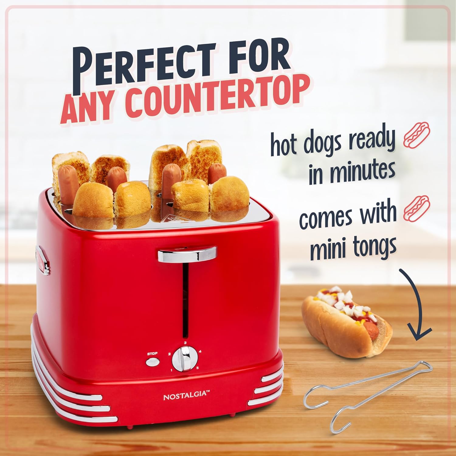 Nostalgia 2 Slot Hot Dog and Bun Toaster with Mini Tongs, Retro Toaster, Cooker that Works Chicken, Turkey, Veggie Links, Sausages Brats, Metallic Red