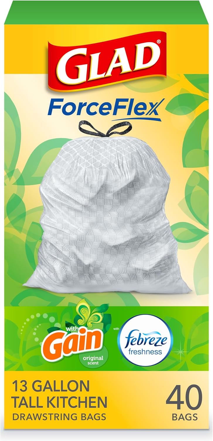 Glad ForceFlex Tall Kitchen Trash Bags, 13 Gal, Gain Original with Febreze, 110 Ct (Pack May Vary)