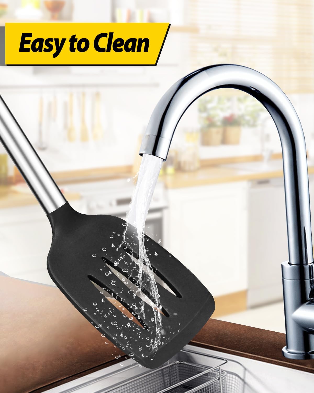 Pack of 2 Silicone Solid Turner,Non Stick Slotted Kitchen Spatulas,High Heat Resistant BPA Free Cooking Utensils,Ideal Cookware for Fish,Eggs,Pancakes (Black)