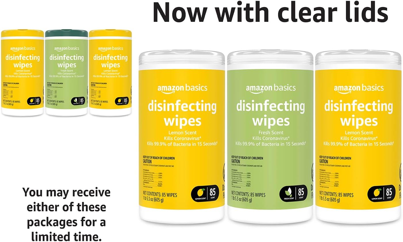Amazon Basics Disinfecting Wipes, Lemon & Fresh Scent, Sanitizes, Cleans, Disinfects & Deodorizes, 255 Count (3 Packs of 85)