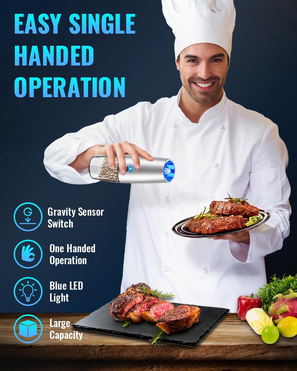 Sweet Alice Gravity Electric Pepper and Salt Grinder Set, Adjustable Coarseness, Battery Powered with LED Light, One Hand Automatic Operation, Stainless Steel Black, 2 Pack