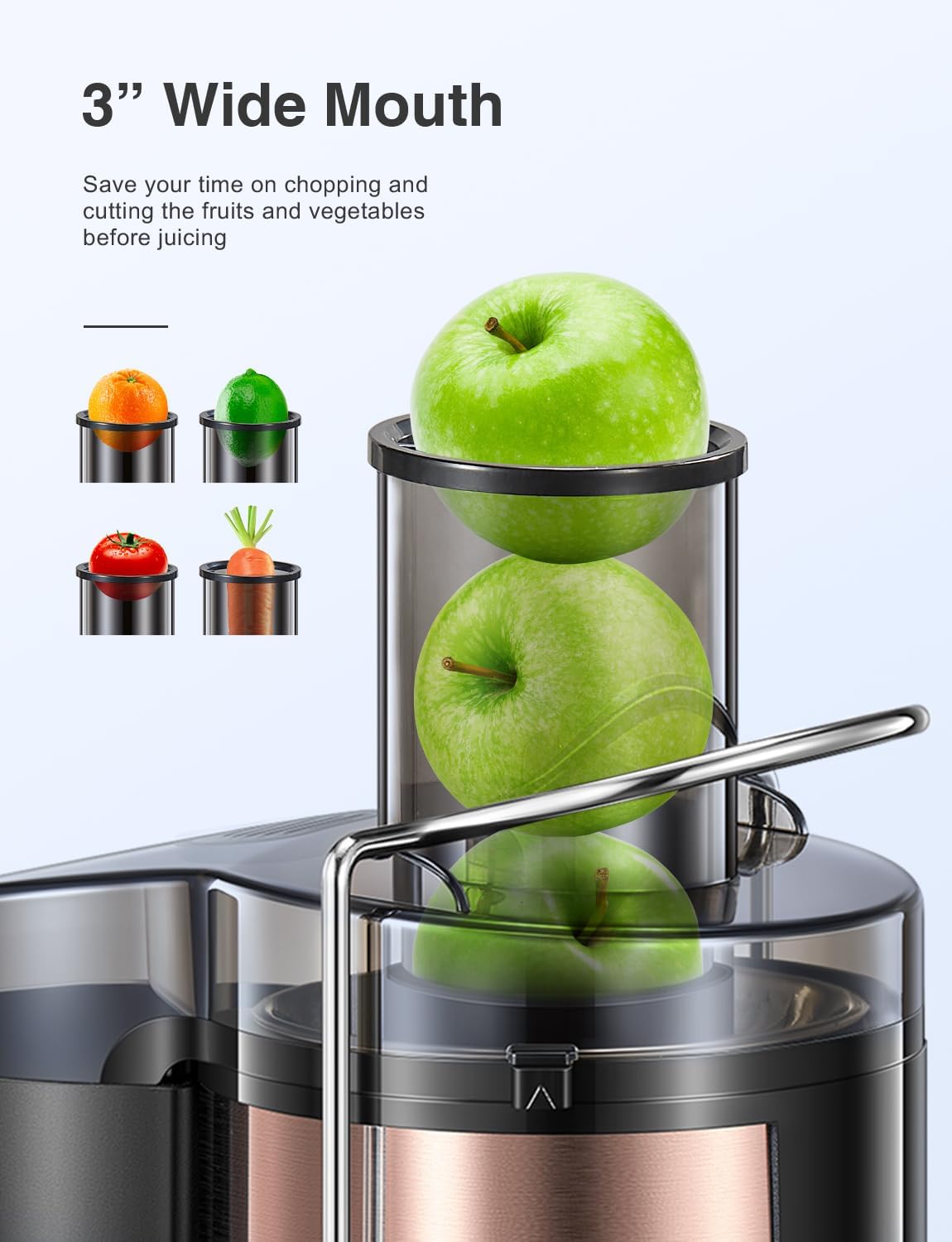 Qcen Juicer Machine, 800W Centrifugal Juicer Extractor with Wide Mouth 3” Feed Chute for Fruit Vegetable, Easy to Clean, Stainless Steel, BPA-free (Black)