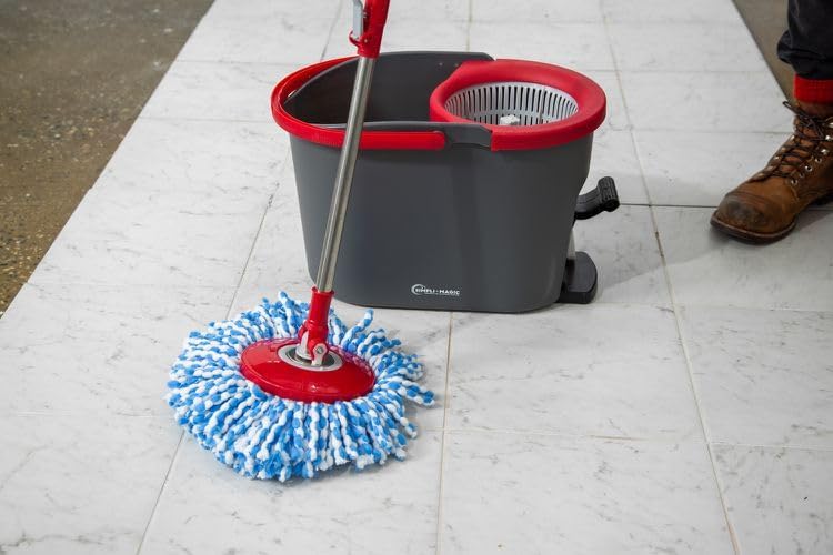 SIMPLI-MAGIC 79349 Spin Mop Cleaning System with 3 Microfiber Mop Heads, Red/GRAY,Red/Black