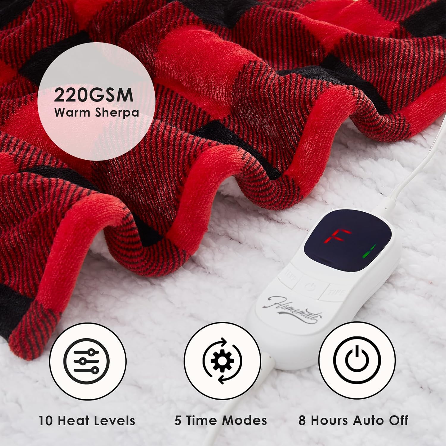 Homemate Electric Blanket Heated Throw - 50“x60“ Ultra Soft Cozy Flannel Heating Blanket with 10 Fast Heat Levels 8 Hours Auto Off Over-Heated Protection ETL Certification Keep Warm in Home Office