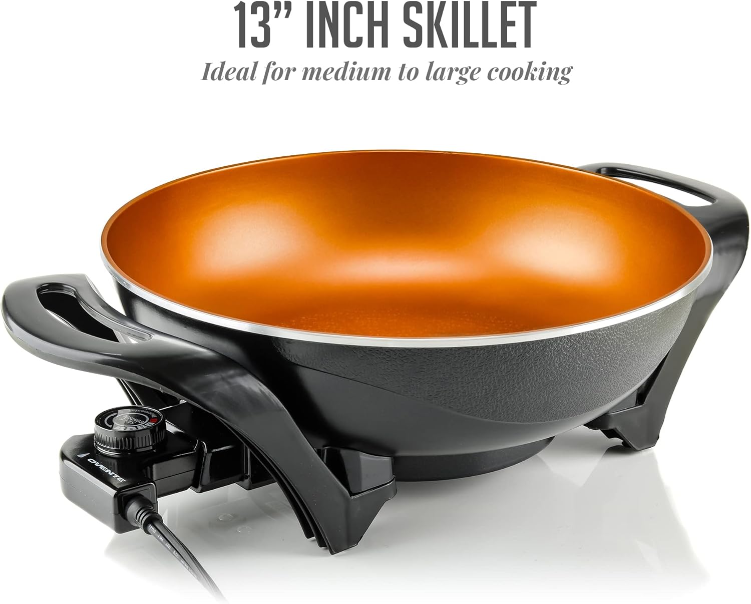 OVENTE 12 Inch Electric Skillet and Frying Pan with Nonstick Coating, 1400W Power, Adjustable Temperature Control, Tempered Glass Lid with Vent and Cool Touch Handles, Black SK11112B