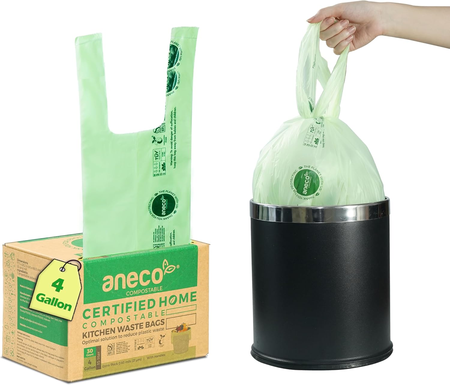 ANECO 100% Compostable Waste Bags 2.6 Gallon, Extra Thick Kitchen Small Compost Bags for Countertop Bin (100 Count)