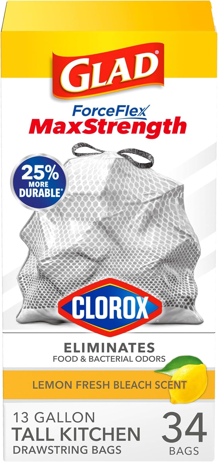 Glad ForceFlex MaxStrength with Clorox Trash Bags, 13 Gal, Lemon Fresh Bleach, 90 Ct, Pack May Vary