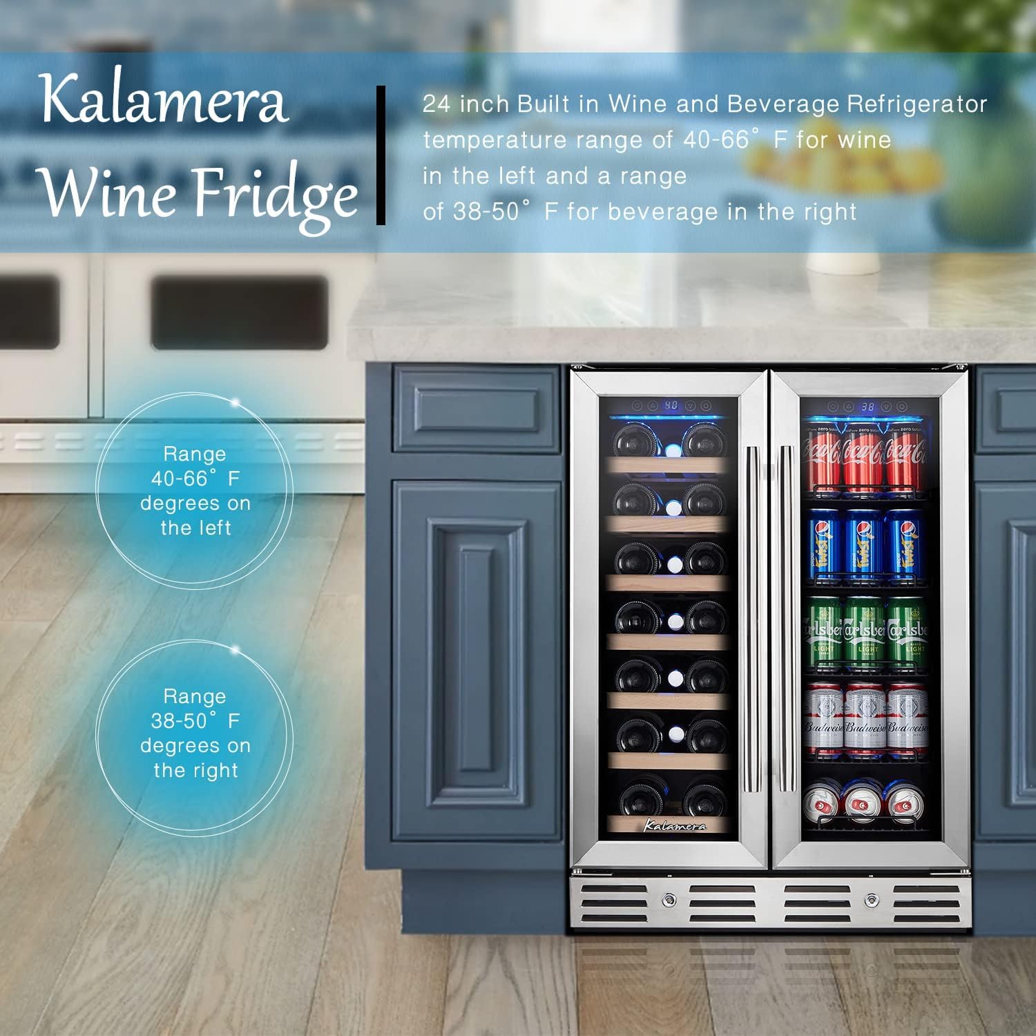 Kalamera 24 inch Wine Cooler, 46 Bottle - Dual Zone Built-in or Freestanding Fridge with Stainless Steel Reversible Glass Door, for Home, Kitchen, or Office.